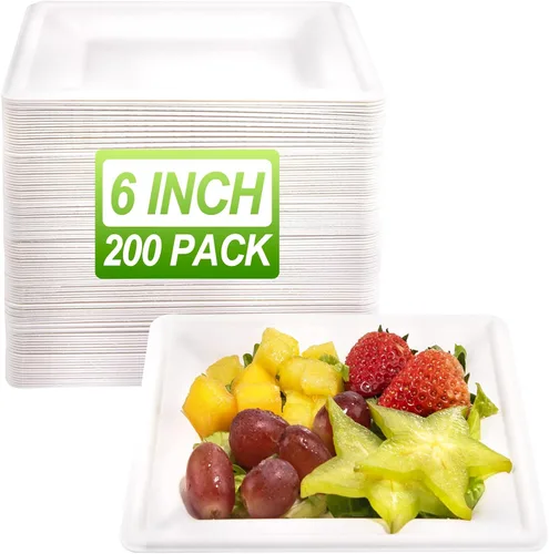 Vista 8 de LIYH Paquete de 200 platos de papel cuadrados de caña de azúcar compostables de 6 pulgadas, platos de postre biodegradables y de cóctel desechables