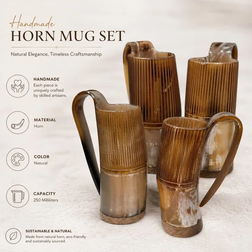 Vista 4 de Juego de 4 tazas estilo vikingo, tazas de cuerno hechas a mano de inspiración nórdica Tazas medievales de cerveza, cerveza Ale & Mead de 8.5 fl oz