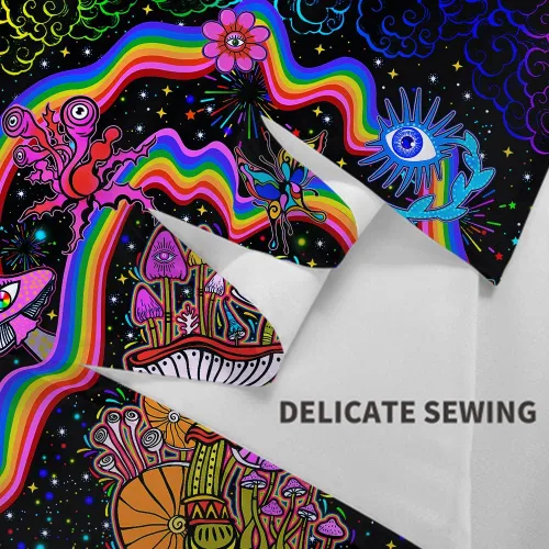 Vista 7 de NiYoung Tapiz Trippy para colgar en la pared, luz negra, arco iris, flores coloridas, ojos, estrellas, plantas mágicas, neón reactivo a los rayos