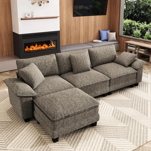 Vista 45 de Sofá seccional en forma de U de 123 pulgadas con cojines tipo nube, juego de sofá modular de asiento profundo con 5 asientos y 2 otomanos, brazos