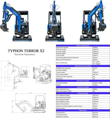 Vista 4 de TYPHON Mini excavador de la tormenta del terror X2 motor diesel 24.4-24.8HP de la excavadora de la zanja de 2,5 toneladas EPA