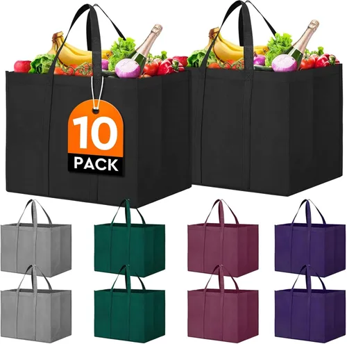 Vista 14 de WISELIFE Bolsas de compras reutilizables para comestibles, paquete de 10 bolsas grandes plegables a granel, con asa larga para compras de Negro