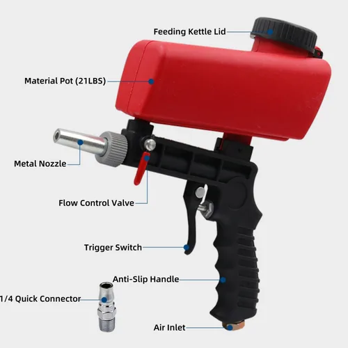 Vista 2 de Kit de pistola de arena para chorro de arena, herramienta portátil de pulverización de arena por gravedad de 90 psi, chorro de arena neumático