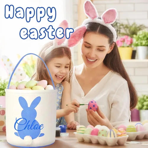 Vista 7 de Cesta de lona de Pascua personalizada con asa, cubo de huevo y conejo, color azul