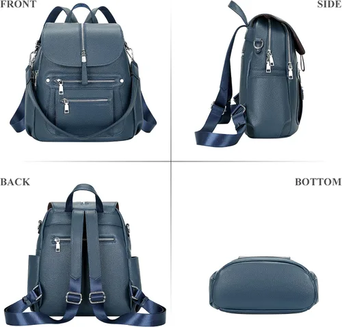 Vista 4 de ALTOSY Mochila de cuero para mujer, bolso casual de moda con múltiples bolsillos y solapa, Azul índigo, Viajar