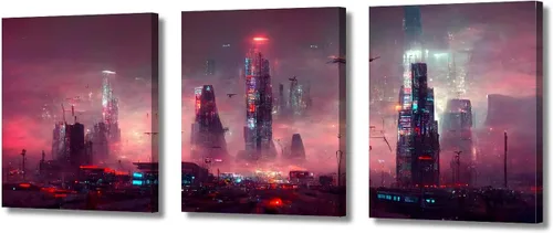 Vista 62 de Cuadros de 3 paneles de Cyberpunk City - Arte de pared de vallas publicitarias de edificios modernos en la capital con obras de arte modernas