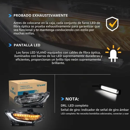 Vista 6 de VLAND Faros delanteros compatibles con Honda Civic 2016-2021 con señal de giro secuencial