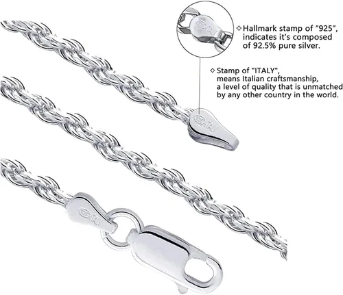 Vista 2 de Savlano Collar de plata de ley 925 de 0.039 in con cuerda italiana maciza de corte de diamante, con caja de regalo para hombres y mujeres, fabricado