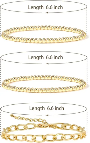 Vista 2 de Pulseras con cuentas de oro y eslabones de cadena chapadas en oro de 14 quilates para mujer, refinadas, ajustables