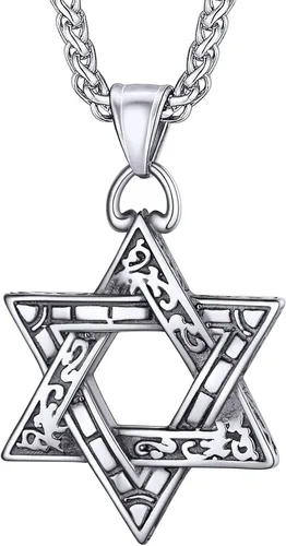 Vista 11 de U7 - Collar con Estrella de David para hombres y mujeres, dije hexagonal de acero inoxidable con cruz/piedra de rubí/collares clásicos judíos