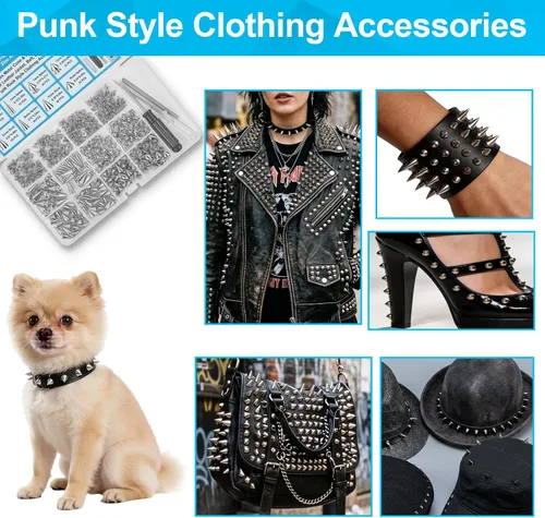 Vista 7 de Domthent Kit de clavos y tachuelas punk, 363 juegos con tachuelas de tornillo, 8 tamaños de cono de metal y tachuelas piramidales para chaqueta