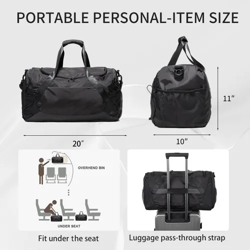 Vista 5 de Bolsa de gimnasio para mujeres y hombres, bolsa de lona para viajes con compartimento para zapatos y bolsillo húmedo, bolsa pequeña de mano