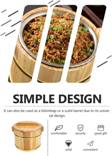 Vista 7 de SHOWERORO Cubo de arroz de madera con tapa, 6.3 x 4.7 x 4.3 pulgadas, cuenco de arroz para sushi estilo japonés y bañera mezcladora Bibimbap plato