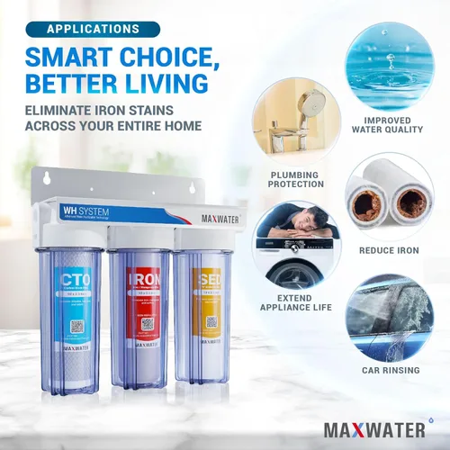 Vista 5 de Max Water Sistema de filtración de agua de 3 etapas para toda la casa - Sedimento+Manganeso de hierro+CTO Post Carbono-3/4" Entrada/Salida