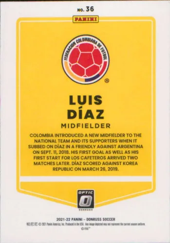 Vista 2 de 2021-22 Donruss Road to Qatar Optic Soccer #36 Luis Diaz Colombia - Tarjeta oficial de fútbol Panini