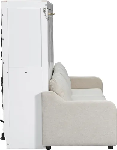 Vista 8 de MERITLINE Cama Murphy horizontal completa con sofá y estantes de almacenamiento, luz LED, madera maciza que ahorra espacio, cama de pared Murphy