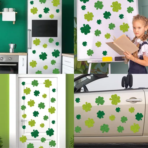 Vista 7 de JarThenaAMCS 15 unidades de imanes para refrigerador del día de San Patricio con purpurina impresa trébol magnético de trébol de la suerte verde