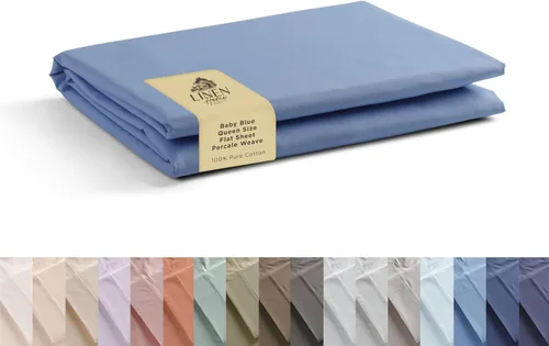 Vista 44 de Sábanas de 100% algodón percal, tamaño individual, 1 sábana encimera, ropa de cama fresca, resistente y transpirable, celeste
