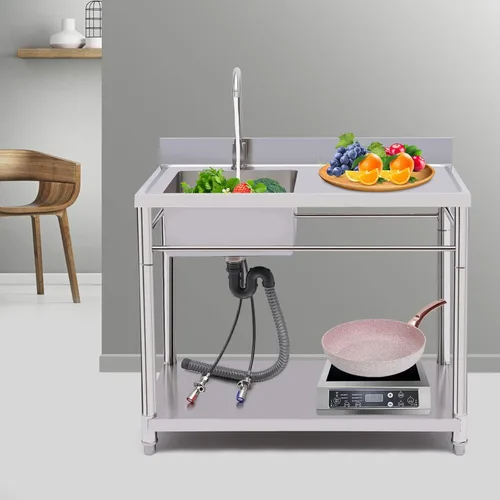 Vista 2 de Fregadero comercial de acero inoxidable, fregadero de cocina de un solo tazón con banco de trabajo y estantes de almacenamiento, fregadero