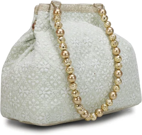 Vista 2 de Bolso Potli de seda bordado de diseño étnico indio con perlas de Batwa