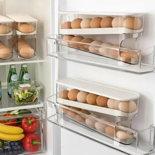 Vista 2 de Dispensador automático de huevos para refrigerador, organizador de huevos para refrigerador que ahorra espacio y almacenamiento con tapa, bandeja
