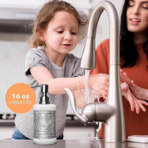 Vista 4 de Autumn Alley Dispensador de jabón de vidrio y galvanizado para lavado de manos, desinfectante, loción – 16 oz. Dispensador de jabón rústico