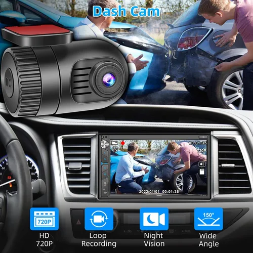 Vista 4 de Estéreo de auto doble DIN con cámara de salpicadero, control de voz Carplay, Android Auto, controles del volante, pantalla táctil HD de 7 pulgadas