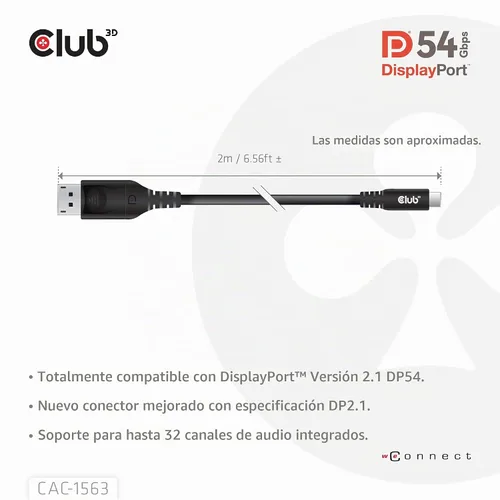 Vista 4 de Club 3D Cable USB tipo C CAC-1563 a mínimo DP 2.1 Cable certificado VESA DP54 bidireccional M/M 6.6 ft/6.56 pies