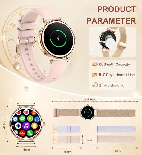 Vista 7 de Reloj inteligente para mujer, reloj inteligente de 1.27 pulgadas con llamada Bluetooth, oro rosa y rosa