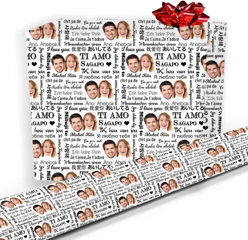 Vista 17 de Artsadd Papel de regalo personalizado con texto con imagen para aniversario, día de San Valentín, papel de regalo con foto personalizada con corazón