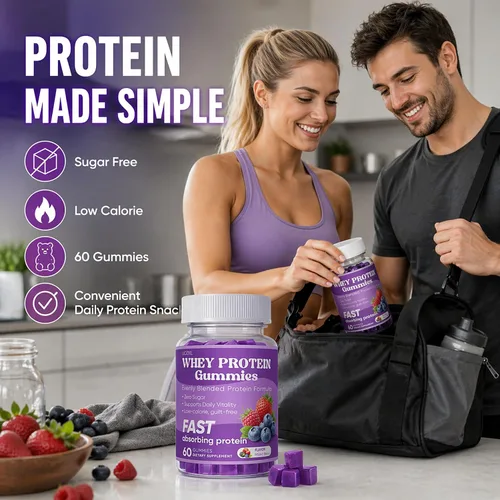 Vista 6 de Gomitas de proteína de suero de leche, sabor a bayas mixtas, 5.71 oz de proteína de absorción rápida por botella, sin azúcar, bajas en calorías