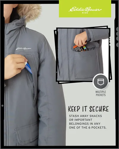 Vista 3 de Eddie Bauer Abrigo de invierno para niños Chaqueta impermeable de plumón pesado con capucha de piel sintética 3-16