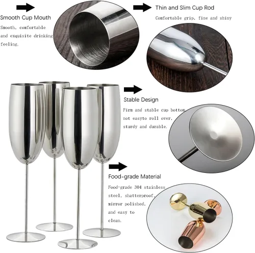Vista 4 de Copas de champán de acero inoxidable, juego de 4 copas de vino irrompibles de 9.5 onzas, copas elegantes de tallo para tostadas a mano, para bodas
