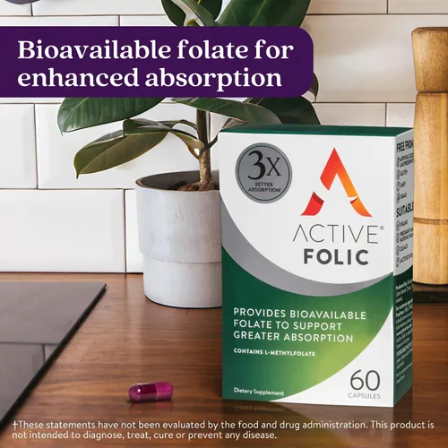 Vista 2 de Suplemento activo de ácido fólico, 400 mcg, apoya el embarazo, desarrollo fetal, combate el cansancio, la fatiga, la máxima absorción