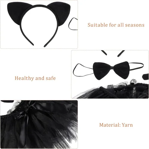 Vista 9 de NUOBESTY Diadema con orejas de gato para Halloween, disfraces de cosplay para niña, falda de gatito, diadema con lazo para fiesta (negro) talla M
