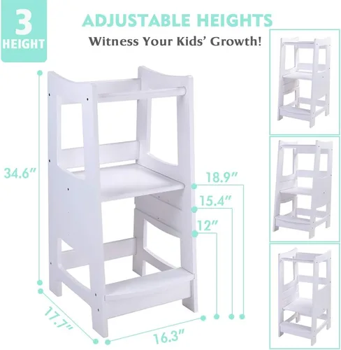Vista 7 de EGREE Taburete de cocina para niños pequeños con baranda de seguridad, torre de pie de madera para niños para encimera de cocina y lavabo del baño