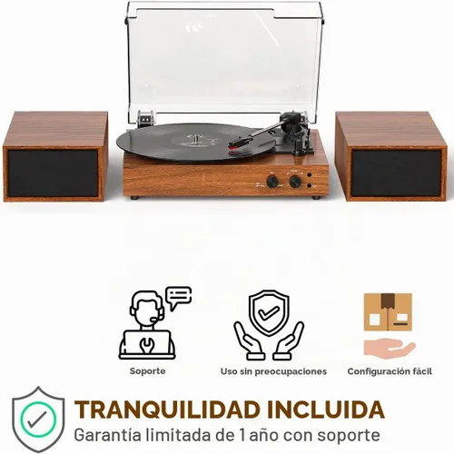 Vista 12 de Reproductor de discos Bluetooth retro con altavoces externos, tocadiscos de 3 velocidades con transmisión por correa, grabación USB a PC, salida AUX
