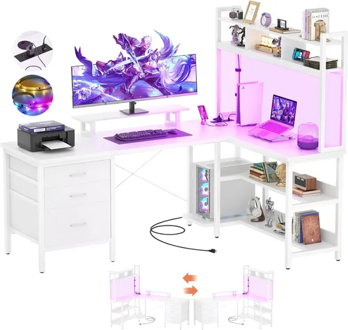 Vista 10 de Aheaplus Escritorio en forma de L con alacena, escritorio para juegos con luces LED, escritorio reversible para computadora con toma de corriente