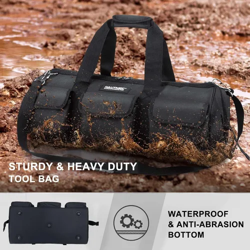 Vista 3 de HAUTMEC HT0184 - Bolsa de herramientas resistente de 24 pulgadas, bolsa de boca ancha de 21 bolsillos con marco de metal, base dura impermeable