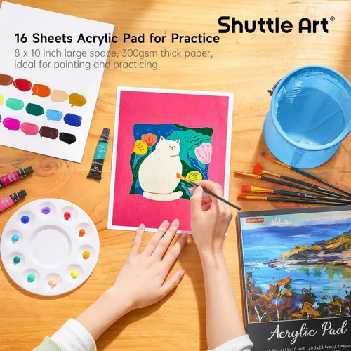 Vista 5 de Shuttle Art Juego de 54 pinturas acrílicas, juego de pintura acrílica con pintura acrílica de 30 colores, caballete de madera, lienzo de pintura