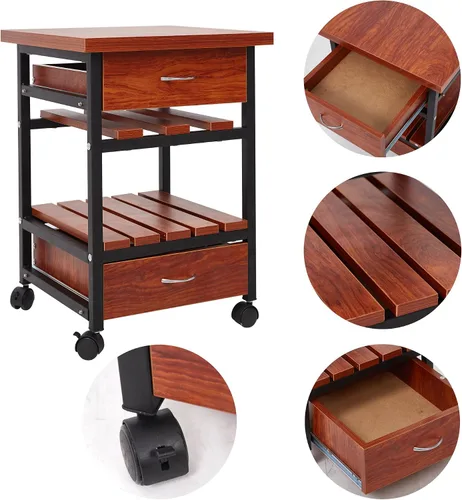 Vista 4 de Mesa auxiliar de madera con ruedas junto al gabinete, mesita de noche con 2 cajones para dormitorio, sala de estar