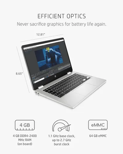 Vista 3 de HP - Laptop Chromebook x360 14a 2 en 1, Intel Pentium Silver N5000, 4 GB RAM, 64 GB eMMC, pantalla HD de 14", Chrome OS, cámara web, micrófonos