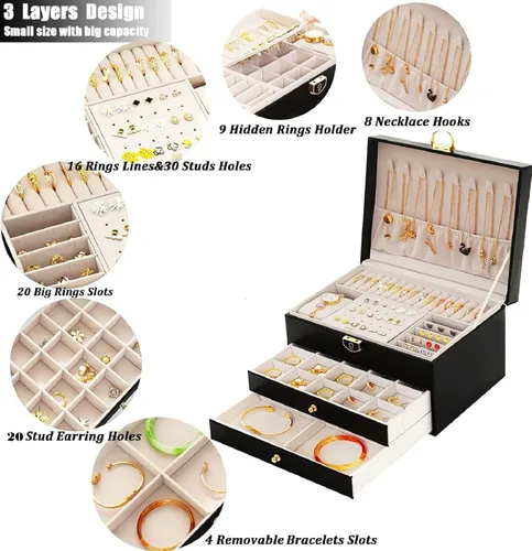 Vista 2 de Organizador de joyas con cuero sintético caja de joyería para mujer caja de joyería grande con cerradura y llave almacenamiento de collares anillos