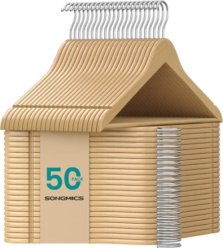 Vista 13 de SONGMICS Perchas de madera, paquete de 20, perchas para abrigos, barra para pantalones, ganchos giratorios de 360°, madera de abedul maciza, 0.3