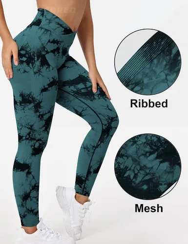 Vista 5 de YEOREO Leggings de entrenamiento profesionales cruzados para mujer, cintura cruzada en V, teñido anudado, sin costuras, pantalones de yoga