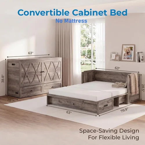 Vista 2 de Mjkone Murphy Bed Queen Size, Cabinet Bed with Built-in USB Charging Station & Storage Drawers, Hidden Queen Murphy Wall Beds Cabinet Beds No