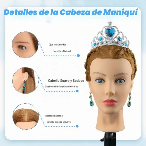 Vista 5 de Cabeza de maniquí de cabello humano, 80% cabello real, maniquí para cosmetología, con soporte de trípode para práctica de peinado, trenzado y Ámbar