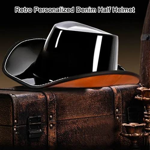 Vista 2 de Medio casco retro con cara abierta, estilo sombrero de vaquero, aprobado por DOT, hebilla y forro de liberación rápida para adultos