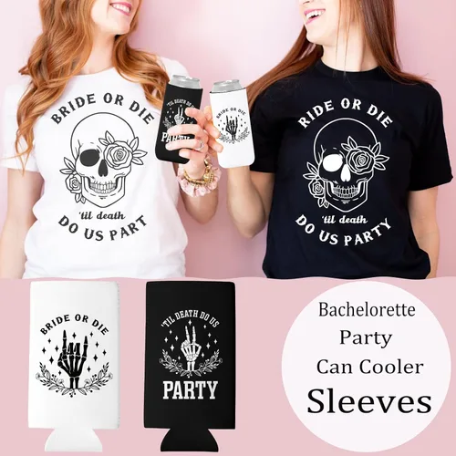 Vista 3 de Bride or Die - Enfriador de latas delgadas para despedida de soltera – Till Death Skinny Beverage Sleeves 12pcs Funny Neopreno Cerveza Cozy Bulk