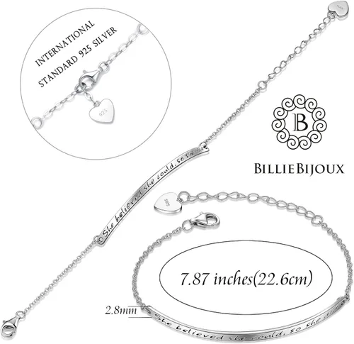 Vista 3 de Pulsera de plata de ley 925 para mujer con grabado inspirador ajustable "She Believed She Could So She Did" para mujeres y niñas